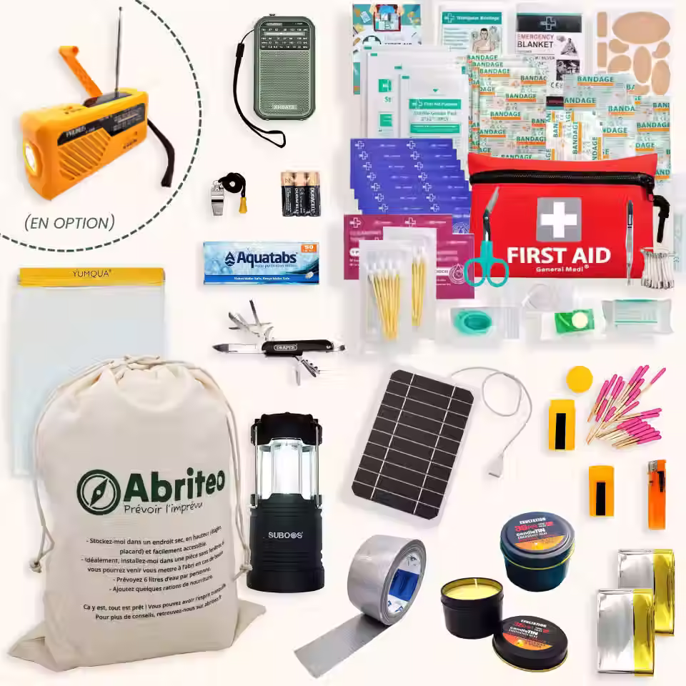 Kit d'urgence confort avec tous les éléments, radio à manivelle, pochette étanche, chargeur solaire, etc.