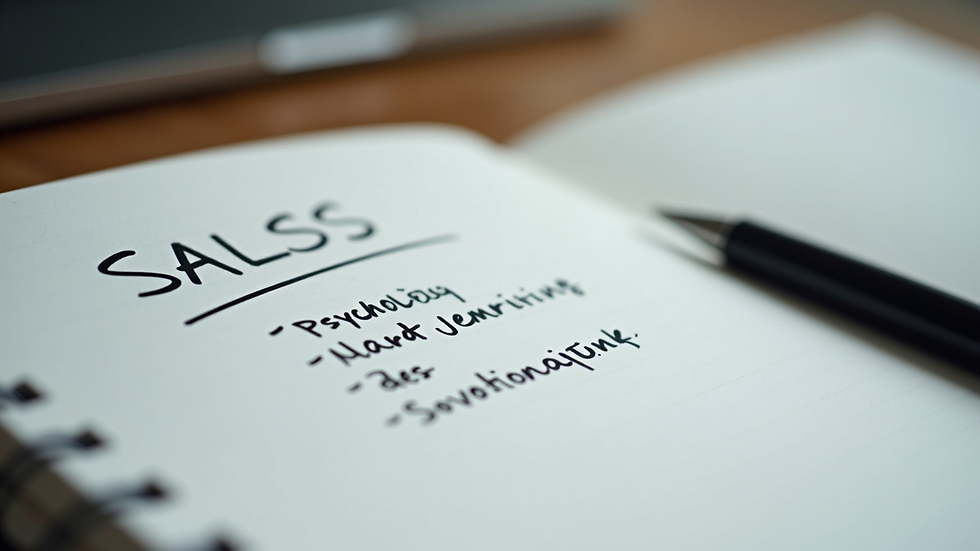 Close-up view of a notebook with sales psychology notes and a pen
