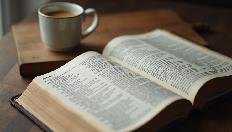 High angle view of an open Bible with highlighted passages about hope and future
