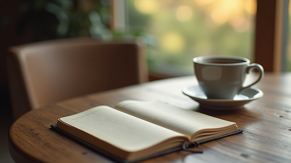 Close-up view of a journal and pen beside a cup of tea on a wooden table