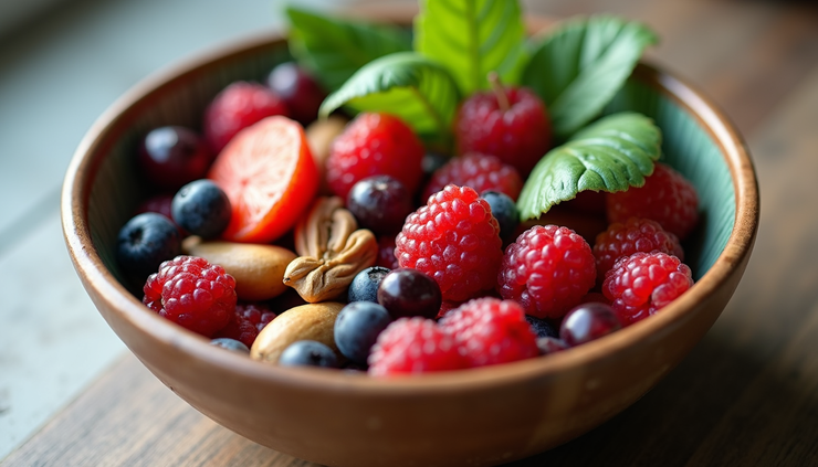 Close-up view of a colorful bowl filled with fresh berries, nuts, and leafy greens