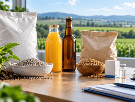 Fertilizantes, bebidas, ração e produtos veterinários sobre uma mesa, com campo agrícola ao fundo.