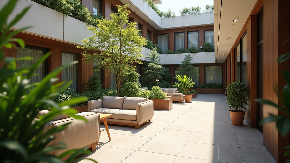 Wide angle view of a PG common area with seating and plants