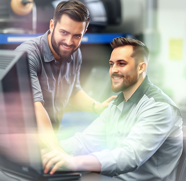 a mechanic sitting at a computer wearing a work shirt and a Caucasian man helping him wear