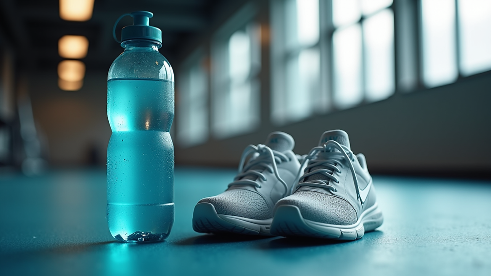 Close-up view of a pair of clean sports shoes and a water bottle on a gym floor