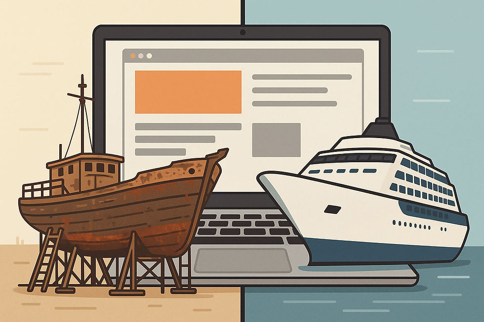 Symbolbild für ein nötiges Website-Upgrade: Links ein veralteter Fischkutter im Trockendock, rechts eine moderne, neue Yacht als Symbol für ein erfolgreiches Webdesign.