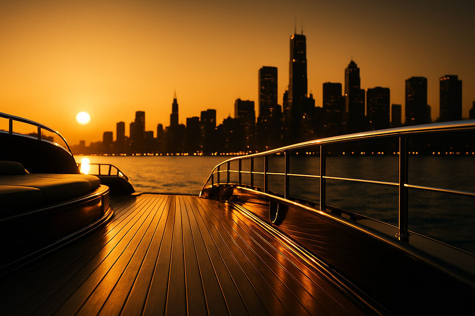 Yachtdeck bei Golden Hour, Skyline im Hintergrund