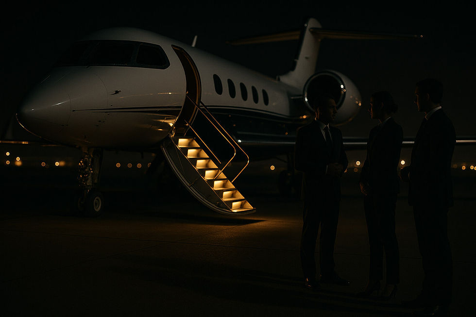 Privatjet-Treppe, Nachtlicht, diskretes Team