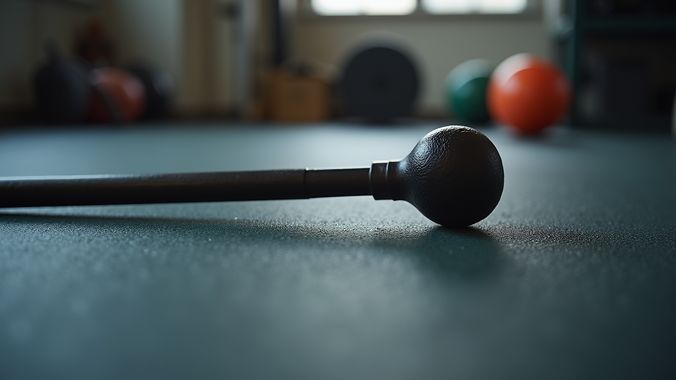 Close-up view of a training stick resting on a gym mat