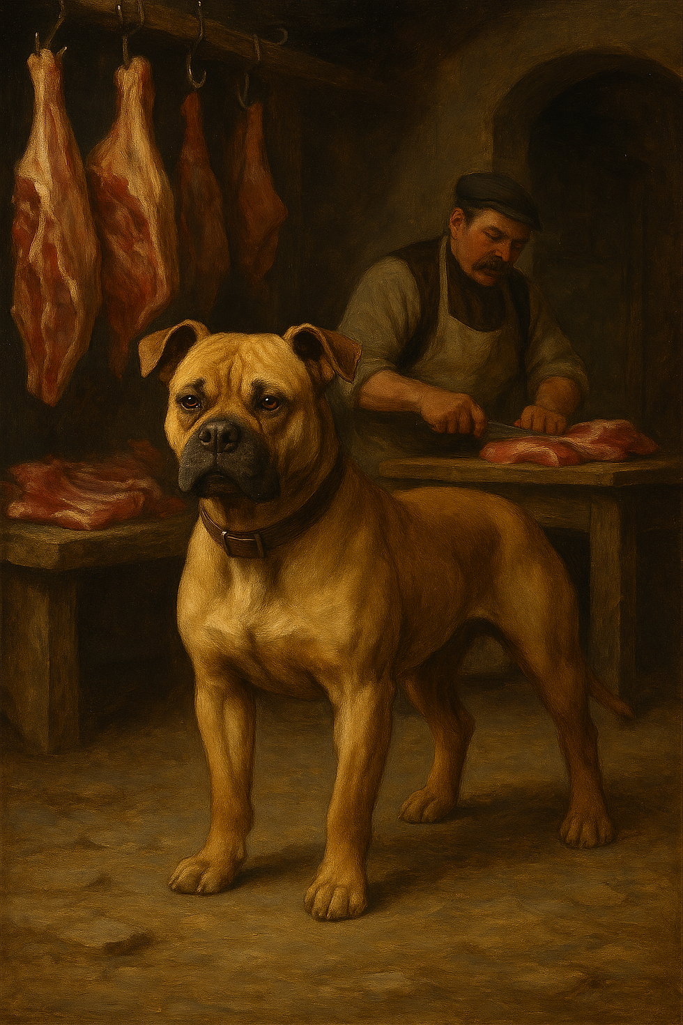 Historic-style bulldog standing alert in a butcher shop with hanging meat.