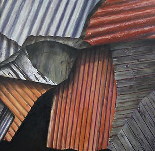 Shanty Town, detail of intersecting rail-line paths with dense junctions and scored metal and flaking painted texture.