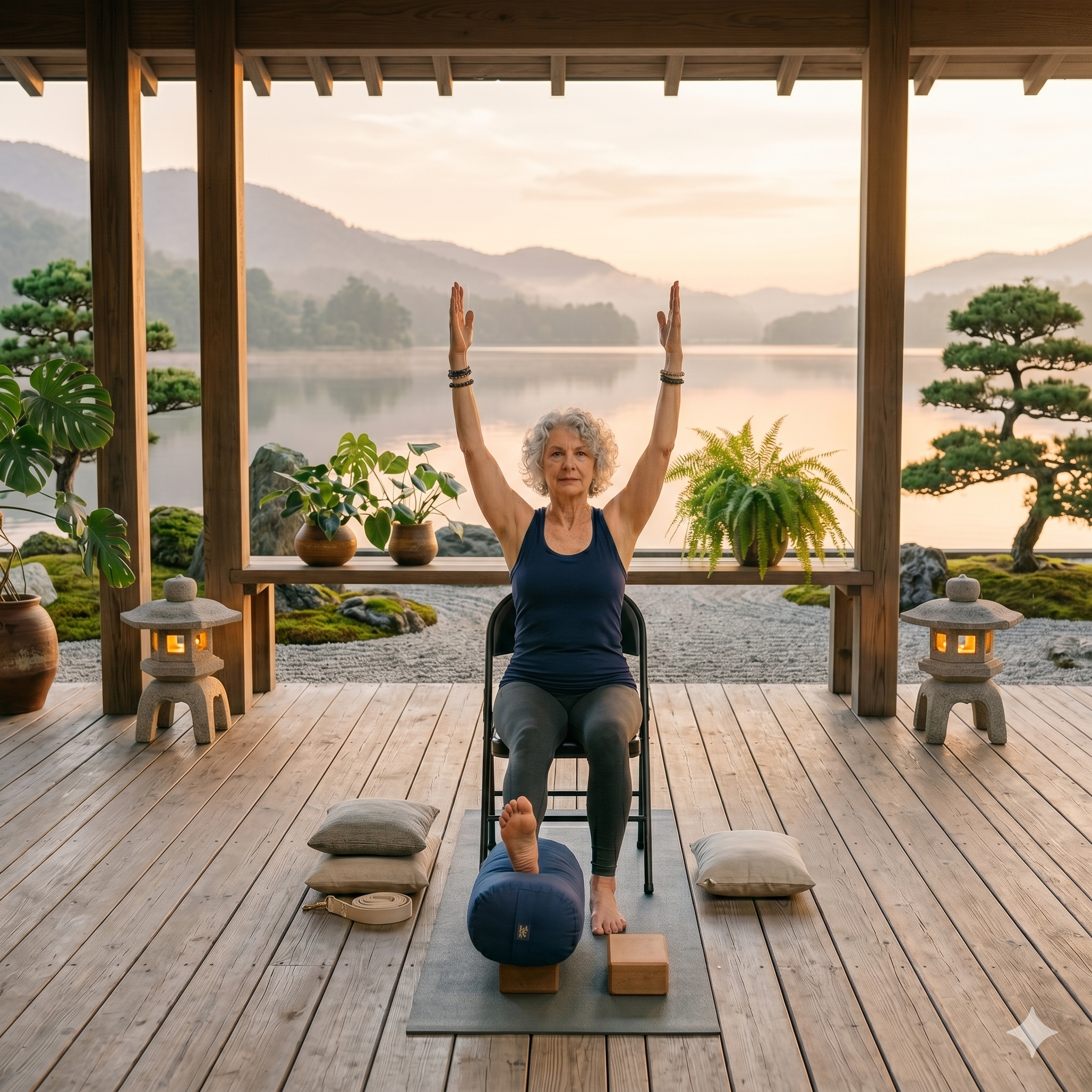 older woman doing yoga with props