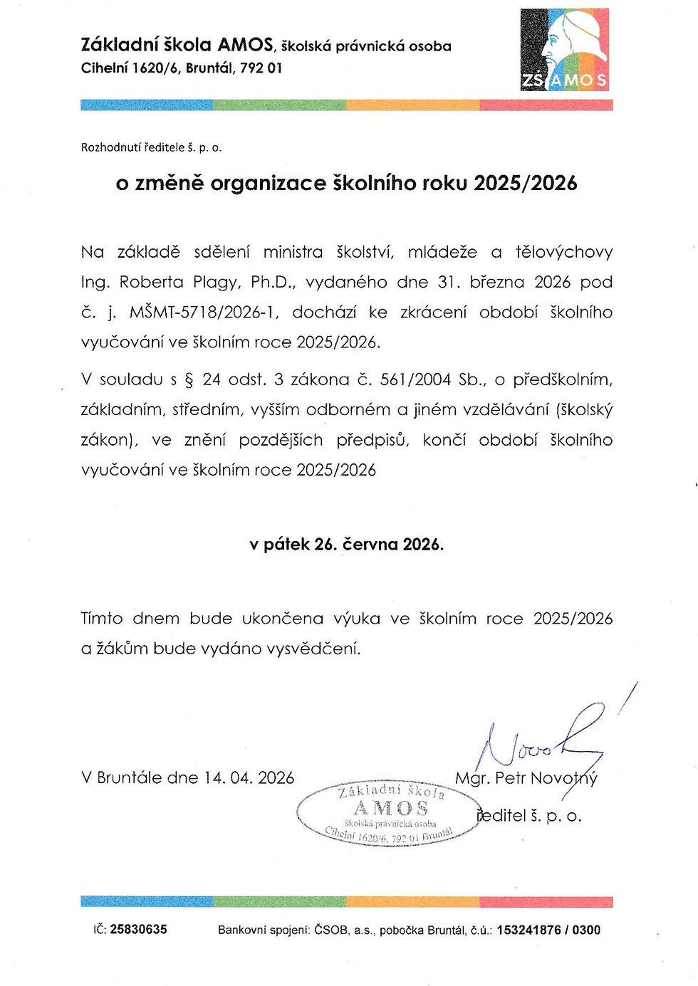 Změna organizace šk. roku 2025/2026
