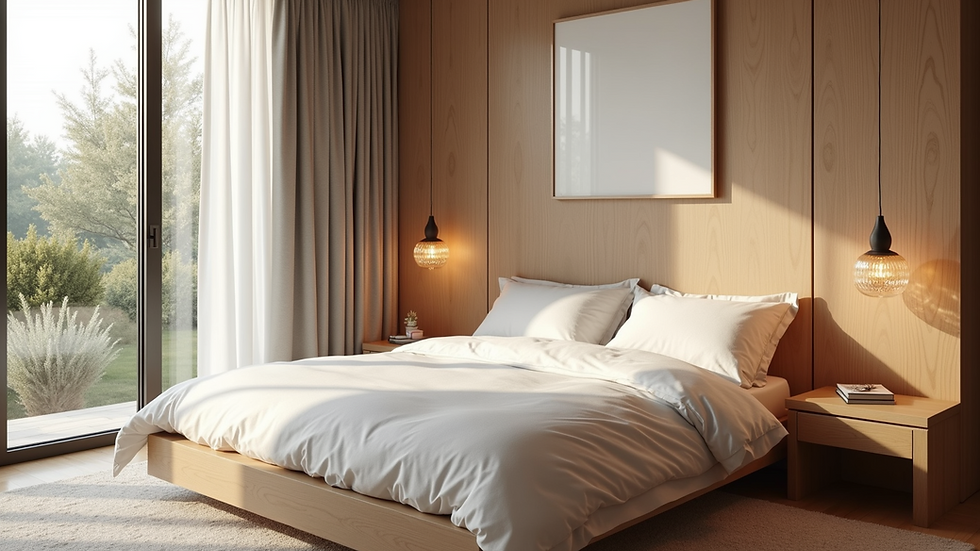 High angle view of a serene bedroom with natural materials