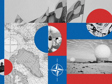 Editorial collage in red and blue showing Greenlandic flags, an Arctic map, a fighter jet, a warship, sea ice, radar domes and the NATO emblem.