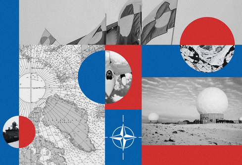 Editorial collage in red and blue showing Greenlandic flags, an Arctic map, a fighter jet, a warship, sea ice, radar domes and the NATO emblem.