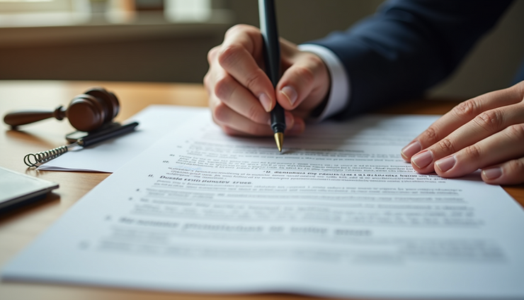 Close-up view of estate planning documents being signed on a wooden table with a notary stamp nearby
