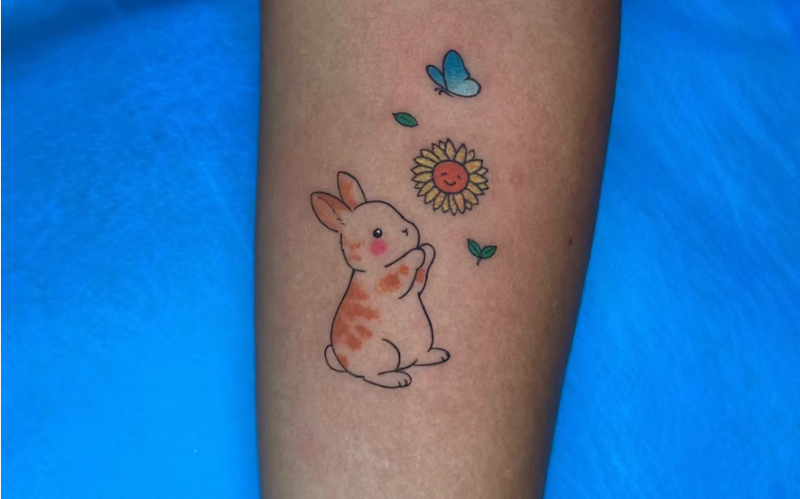 bunny, sunflower, and butterfly simple tattoo