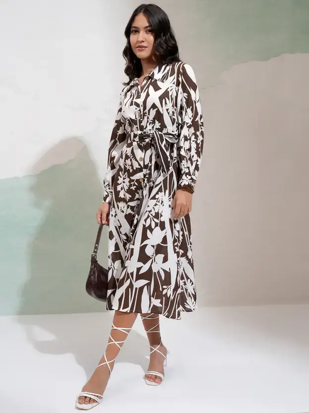 Thumbnail: Vishudh  Women Fit and Flare Brown Midi/Calf Length Dress