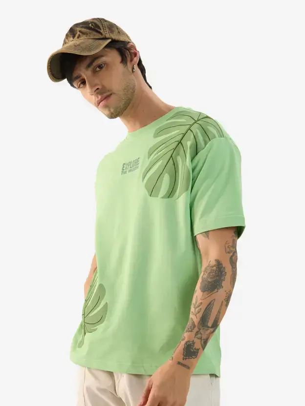 Thumbnail: The Souled Store  Men Graphic Print Round Neck Pure Cotton Green T-Shirt