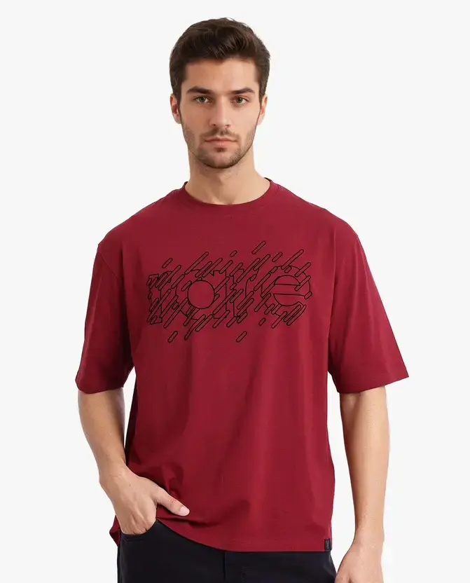 RARE RABBIT Men Graphic Print Crew Neck Cotton Blend Red T-Shirt