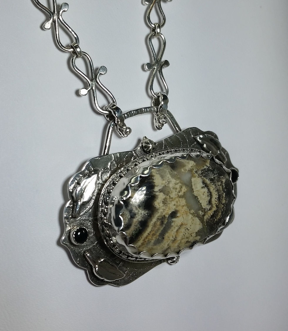 Etched and Layered Sterling Silver Agate Pendant w/Handmade designer chain.