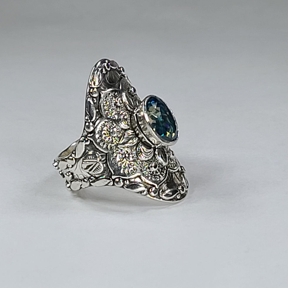 Etched Sterling Silver Rainbow Topaz Saddle Statement Ring