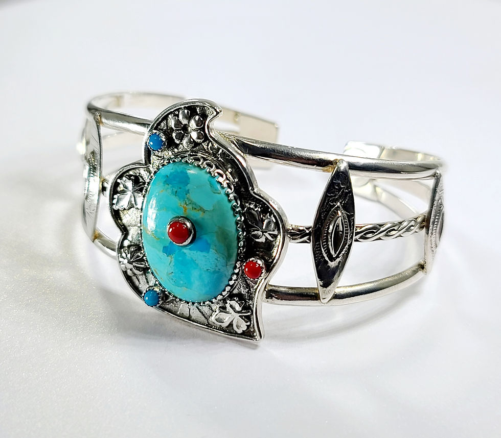 Thumbnail: Handmade Sterling Silver Arizona Turquoise and Red Coral Cuff  Size Small