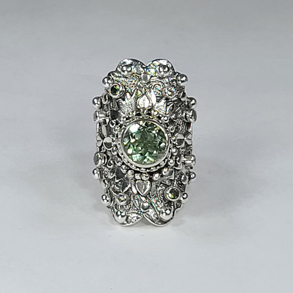 Etched Sterling Silver Green Amethyst and White Sapphire Statement/Knuckle Ring
