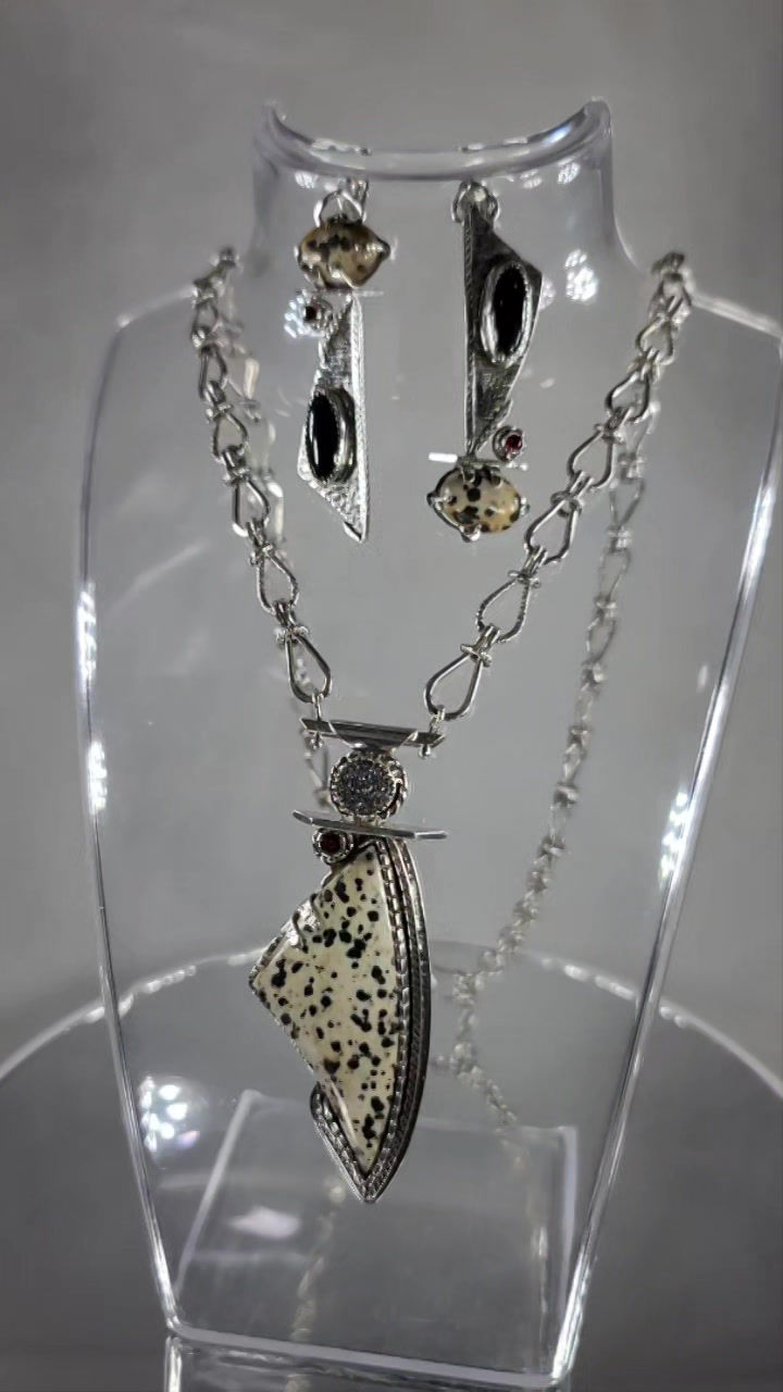 Thumbnail: The "Angles"  Set Sterling Silver Dalmatian Jasper Pendant & Earrings
