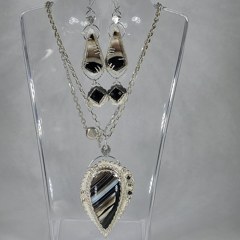 Sterling Silver Black Banded Agate Statement Necklace and Earrings Set