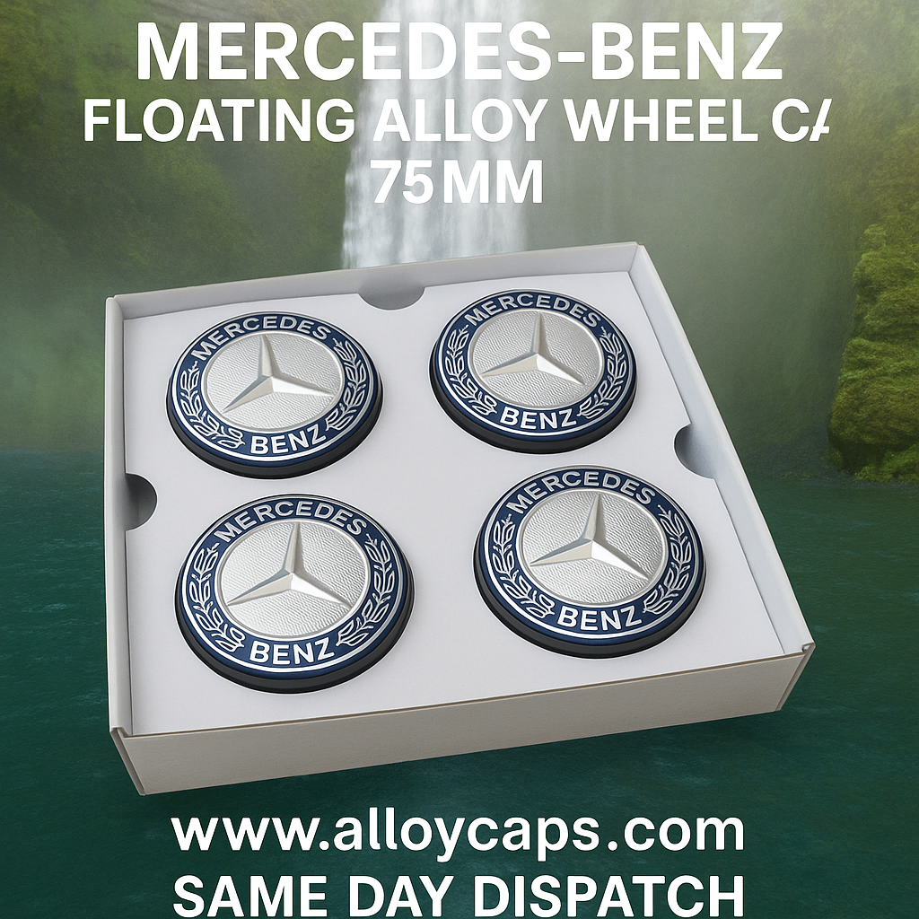 Mercedes-Benz Floating Alloy Wheel Centre Caps – 75mm Silver/Blue Logo (