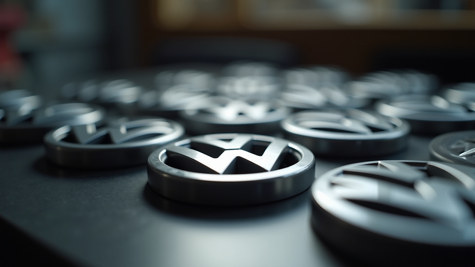 Eye-level view of a set of VW Golf wheel caps arranged on a table