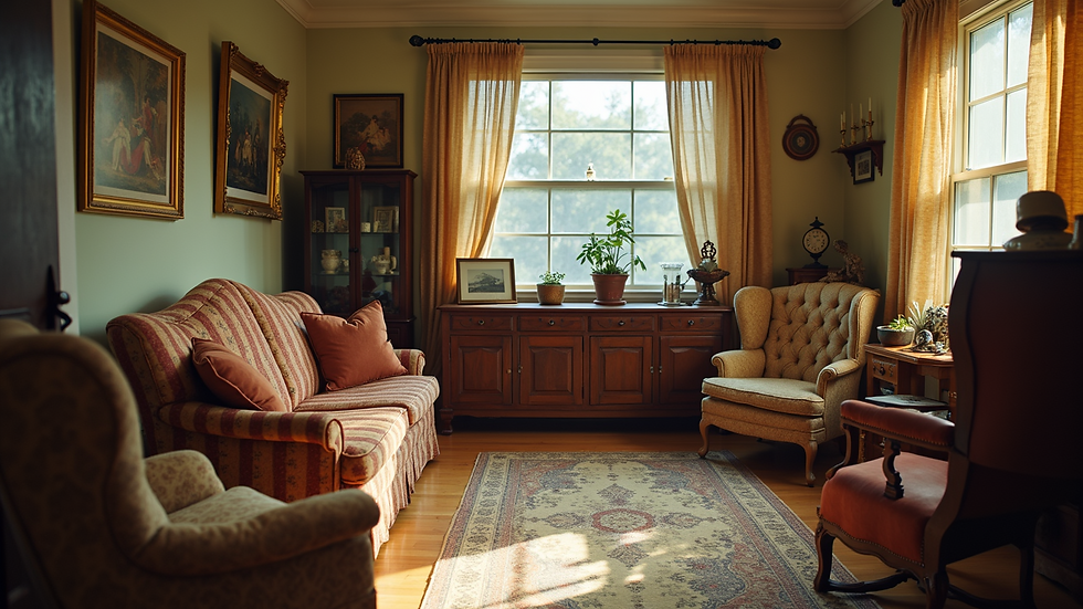 Close-up view of vintage furniture and collectibles arranged for an estate sale