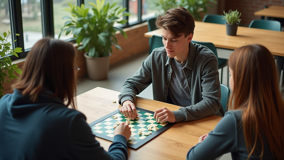 High angle view of a student playing a board game in a relaxed lounge area