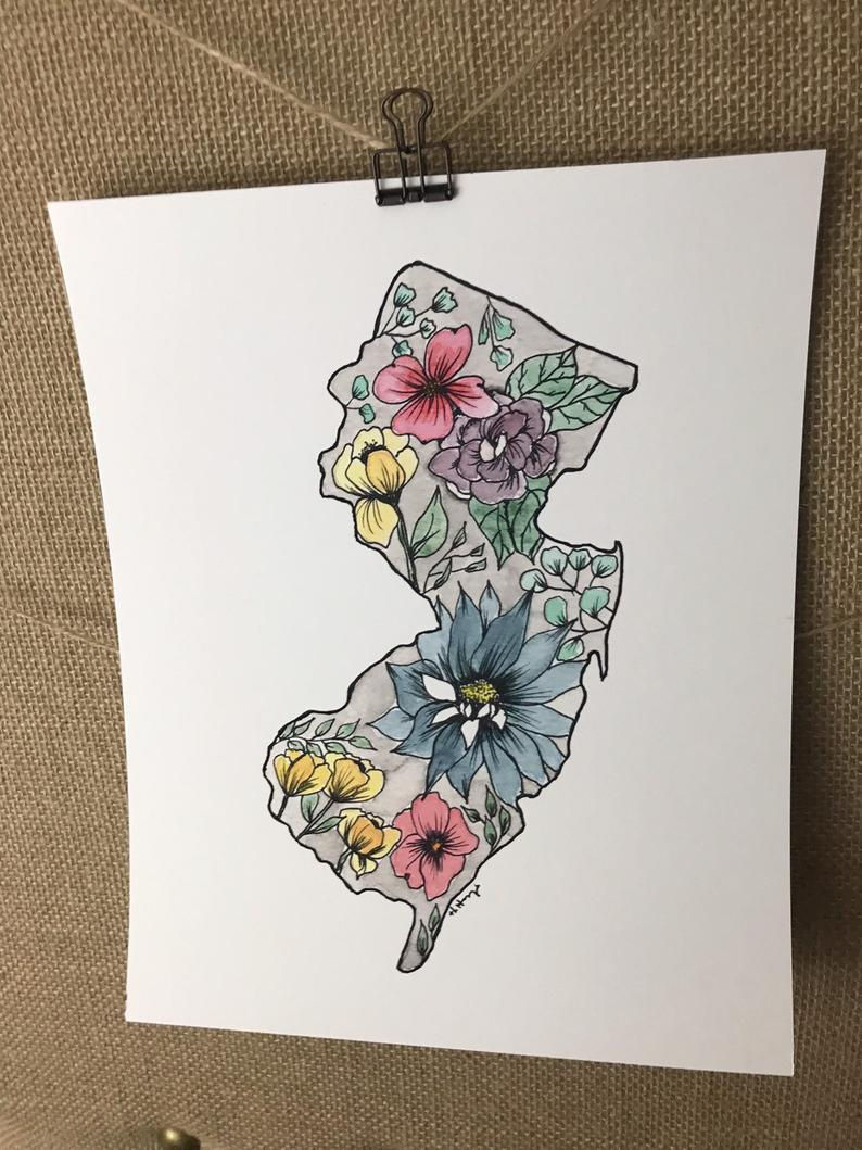 Thumbnail: Watercolored Modern Floral State Sign customized to your town