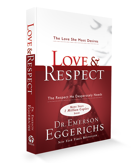 Book cover titled "Love & Respect" by Dr. Emerson Eggerichs, featuring red and white tones, a woman's face, and bestseller text.