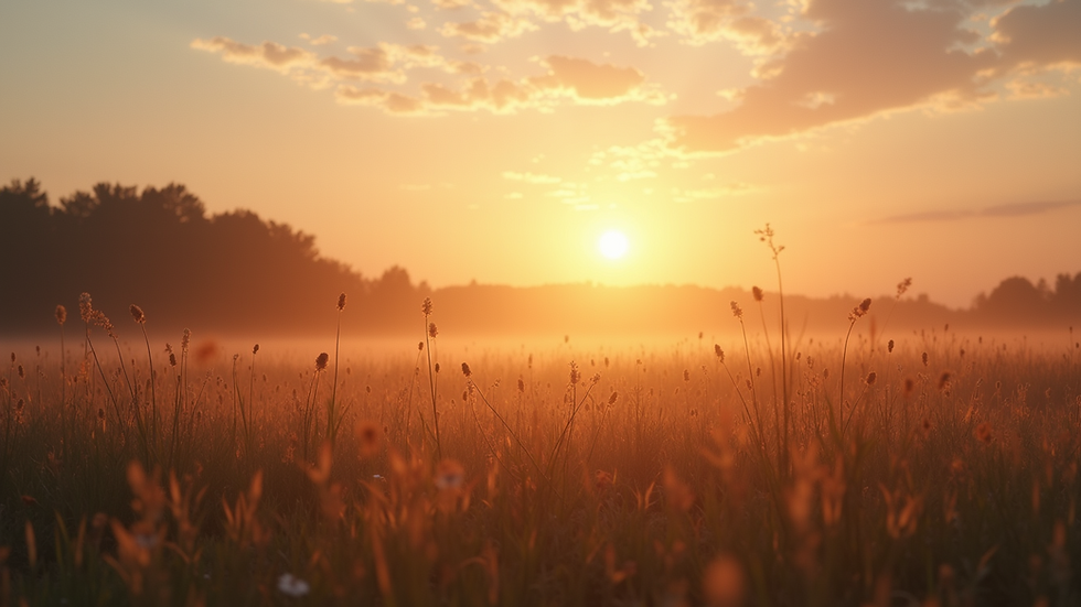 Eye-level view of a peaceful landscape with a sunrise