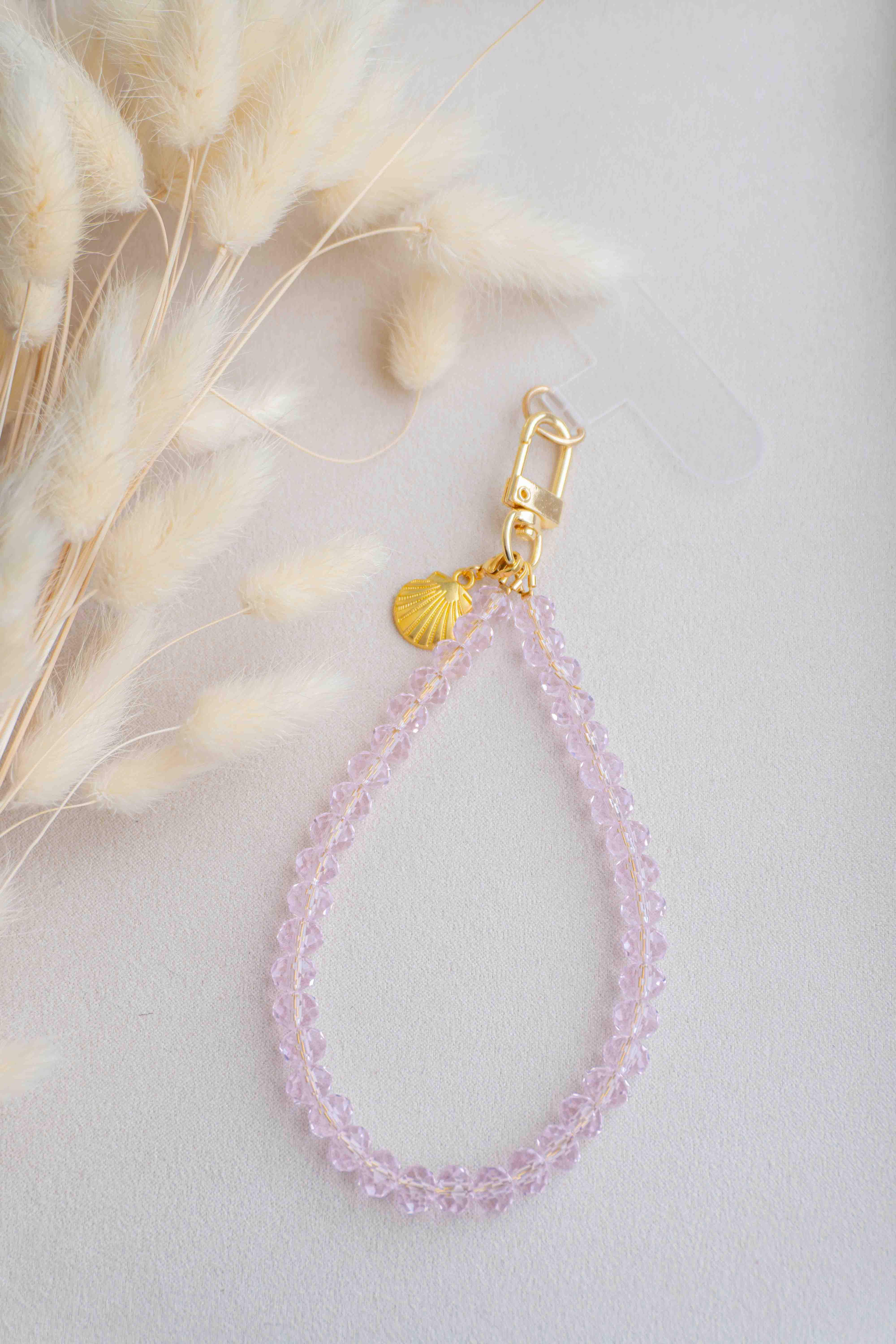 Roze Telefoonkoord met Schelp Bedel – Glazen Kralen