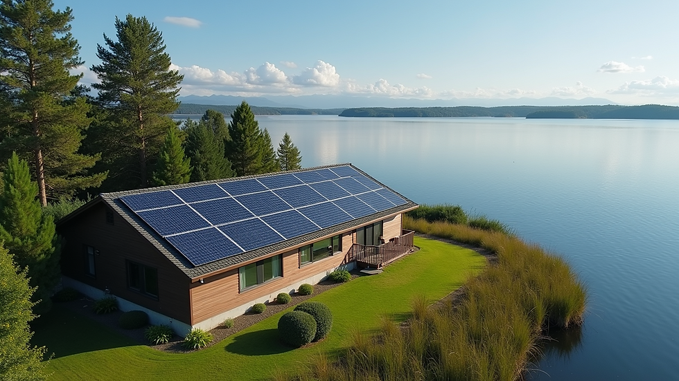 High angle view of solar panel installation on a lakeside property