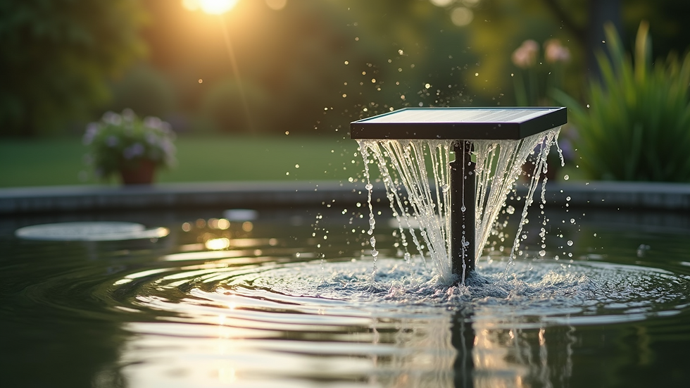Eye-level view of a solar pond fountain spraying water in a small garden pond