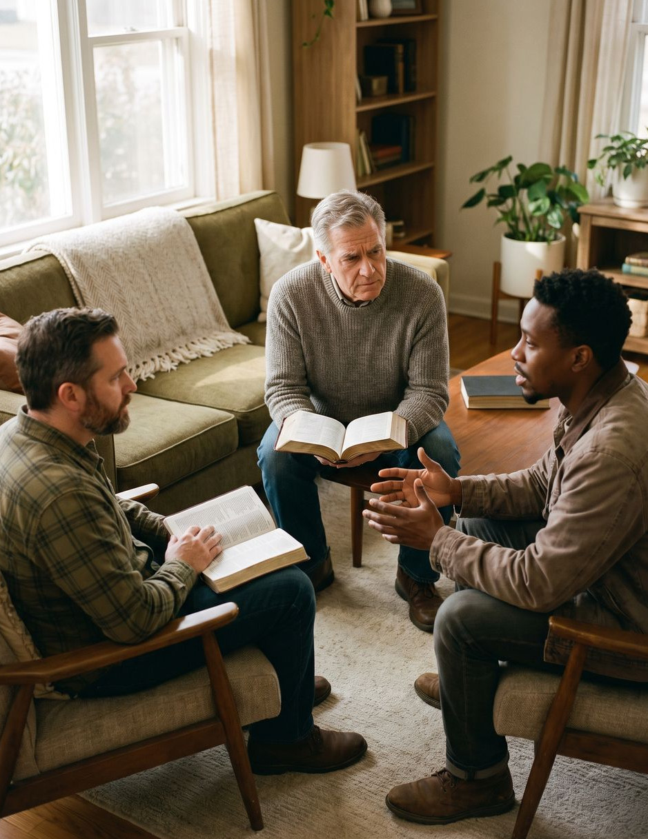 Three men in armchairs in a living room, Bibles open, talking together