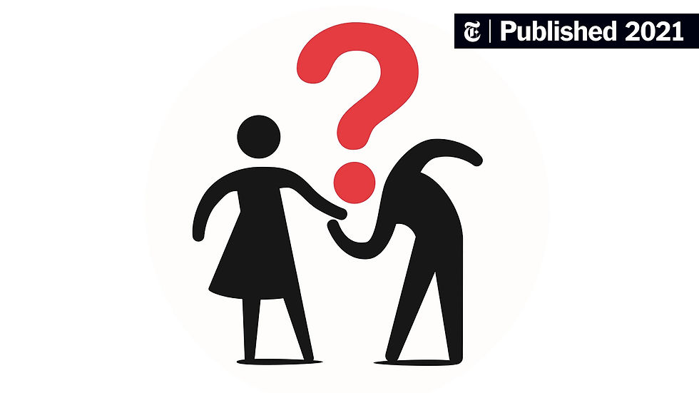 Man holding womans hand bowing to her and his head is a Question Mark symbol