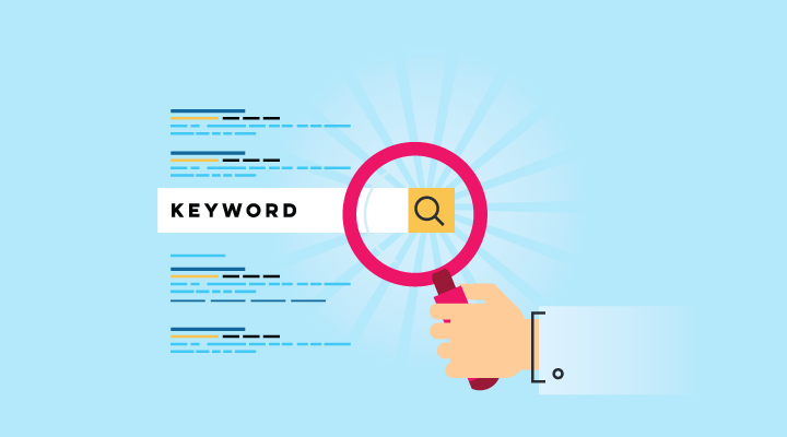 Light blue background with a google search bar and magnifying glass with the word "keyword"