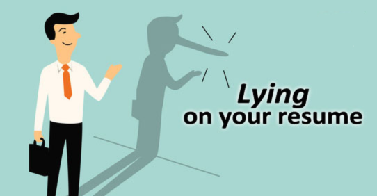 Man dressed in suit paints, orange tie, shadow of a long nose, with the words "Lying on your resume"