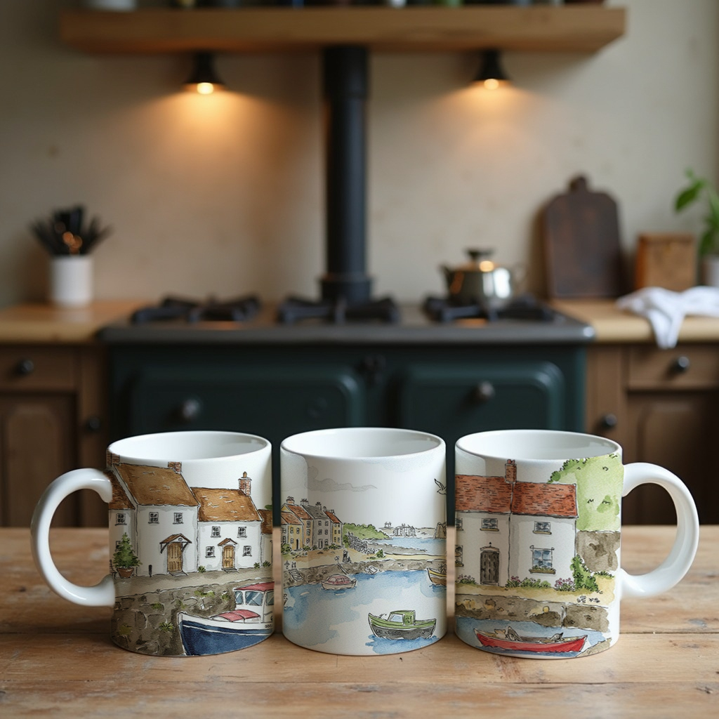 Coastal Collection- Set of Three Illustrated Mugs- Harbour, Lighthouse View & Be