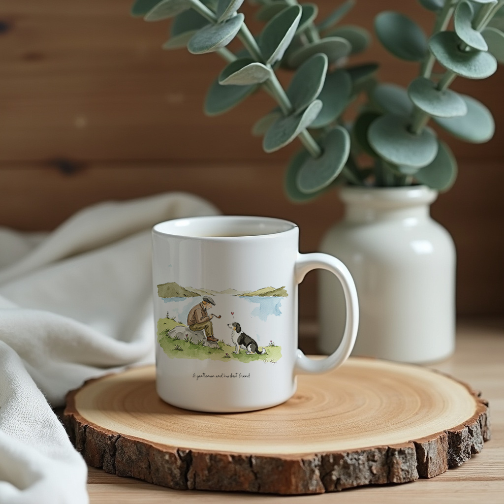 Gentleman & Dog Watercolor Mug – Countryside Illustration, 11oz