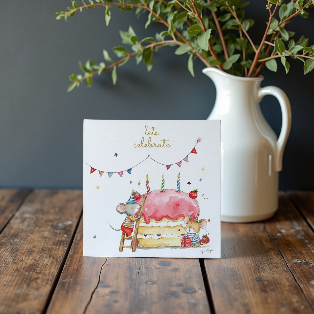 Mice Birthday Card, Lets Celebrate, Cake, Hand-Illustrated Watercolor card