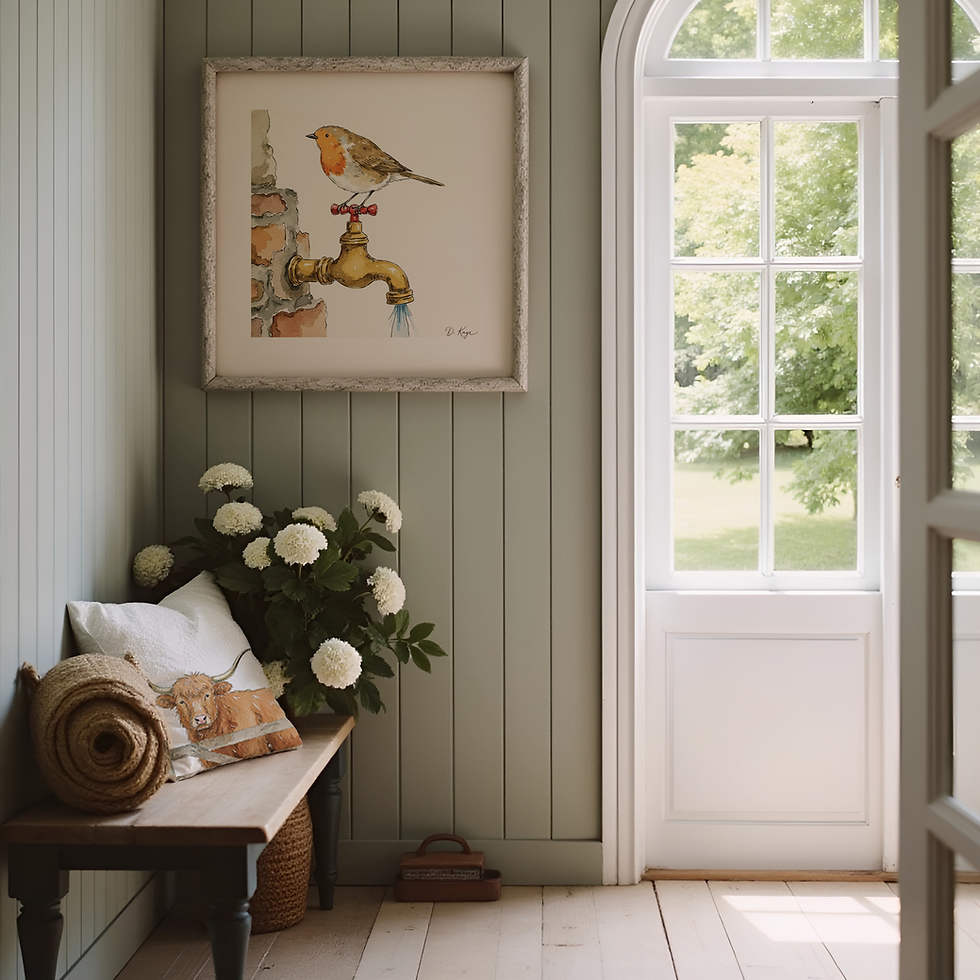 Hallway with light green walls, a bench with pillows, a rolled blanket, and flowers. Painting of Robin bird on tap above. Bright window view.