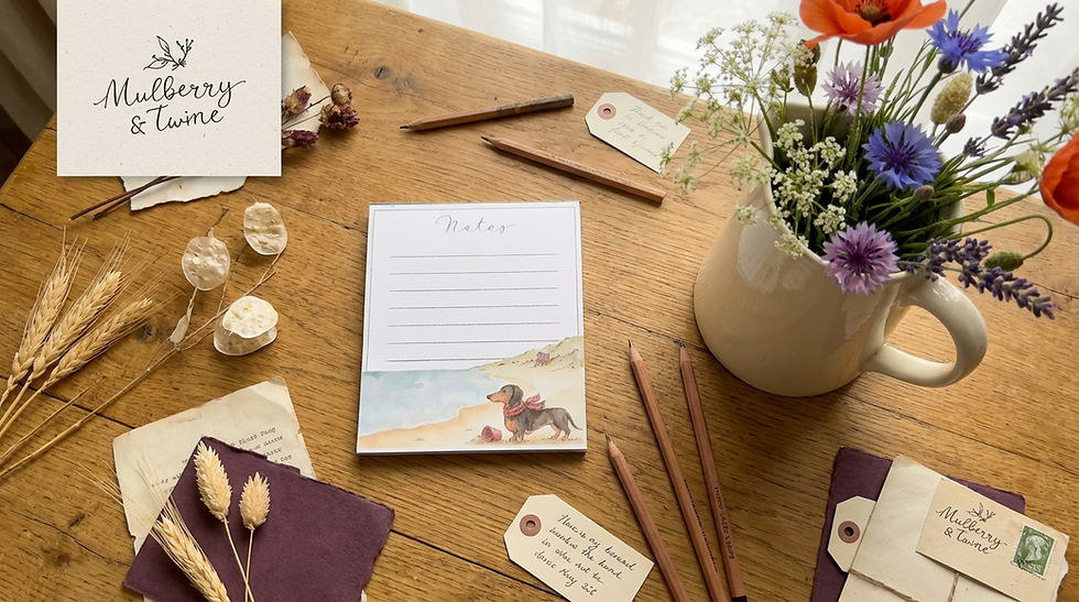 Thumbnail: Dachshund Mini Notepad on a desk with flowers and pencils